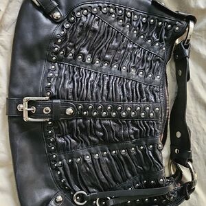 Isabella Fiore Black Ruched Leather Hobo Bag